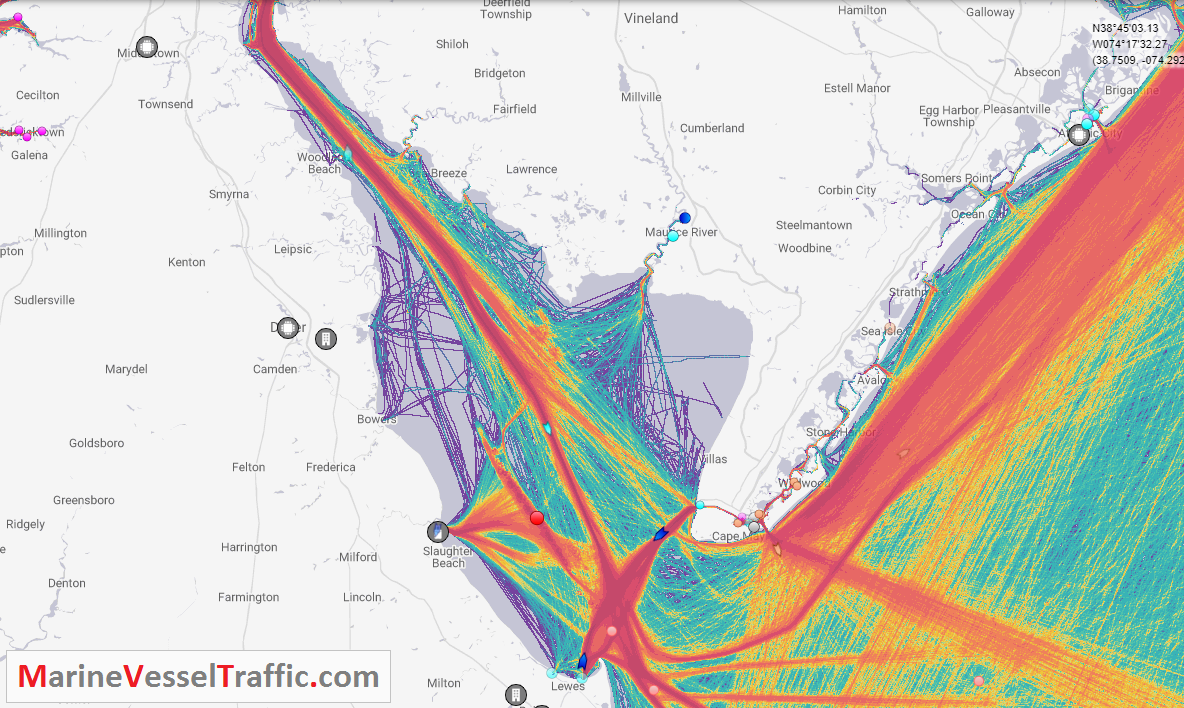 Live Marine Traffic, Density Map and Current Position of ships in DELAWARE BAY